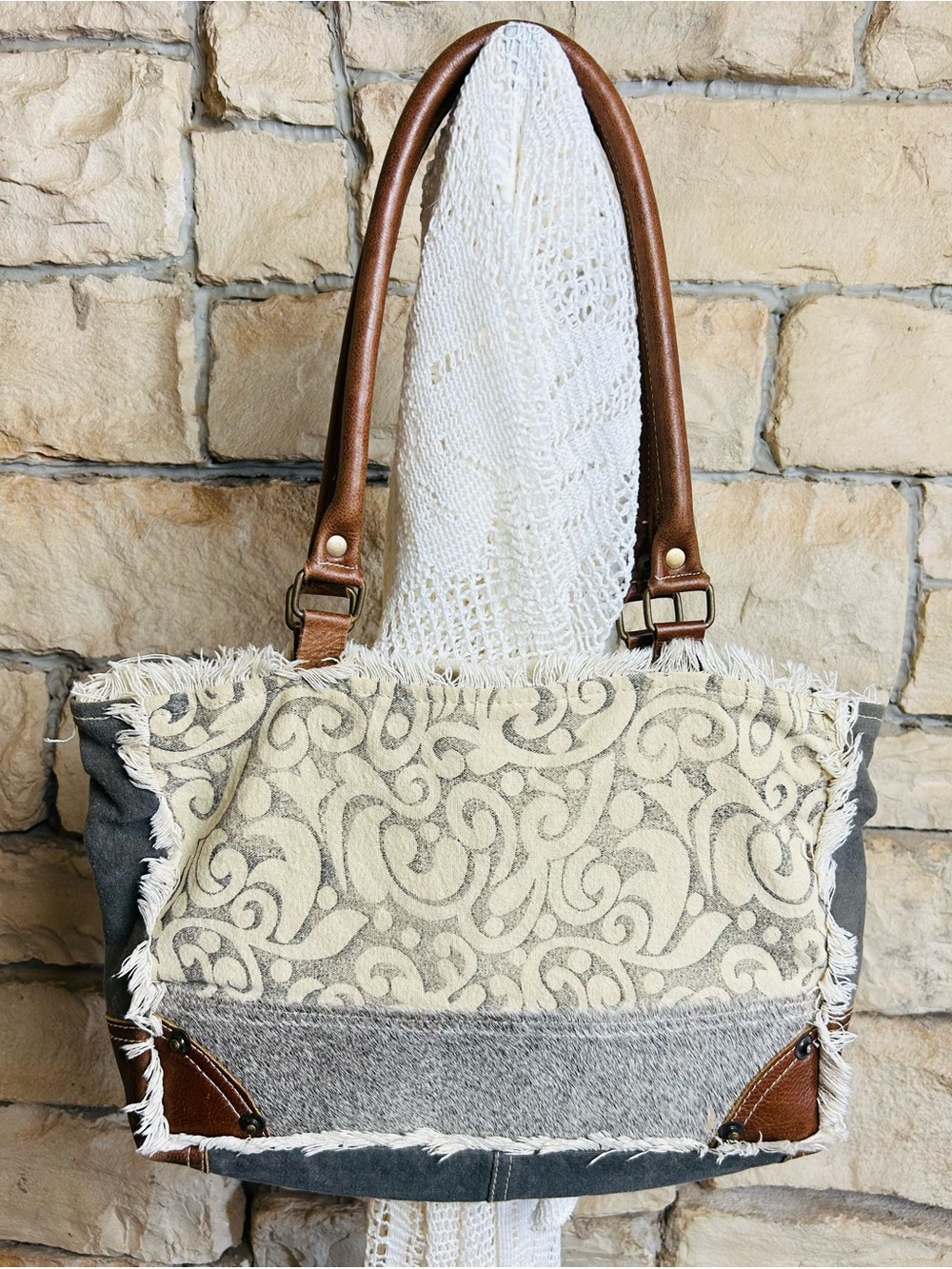 Myra Bag -Canvas and Leather Gray-Tan Tote Bag with Cream Pattern